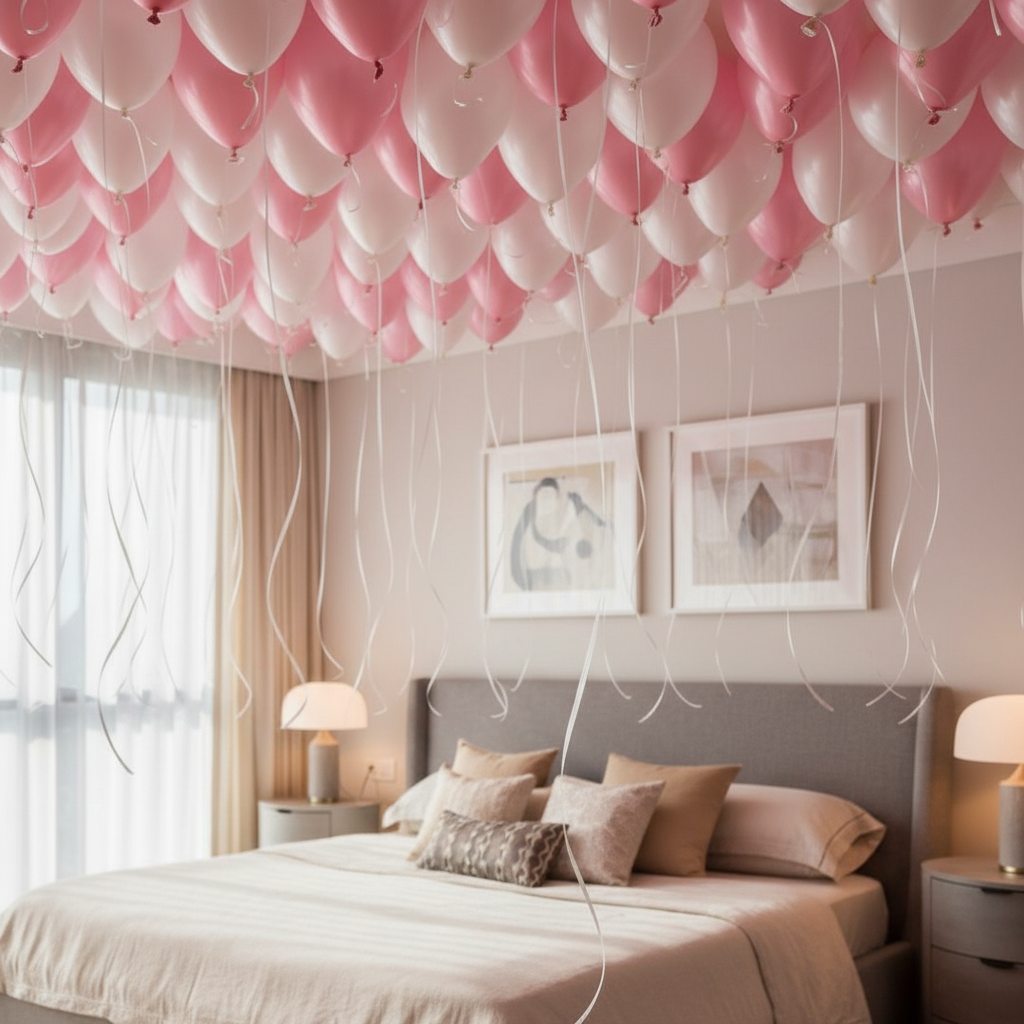 full room view with pink and white helium balloon ceiling decoration bedroom Dubai
