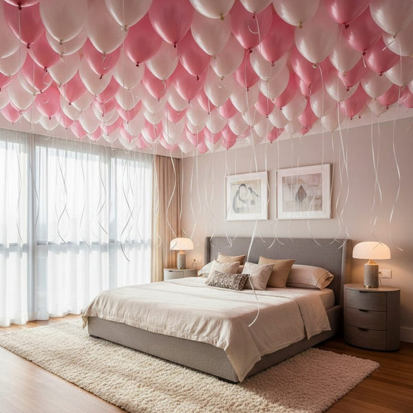 pink and white helium balloons covering ceiling in bedroom romantic balloon setup Dubai
