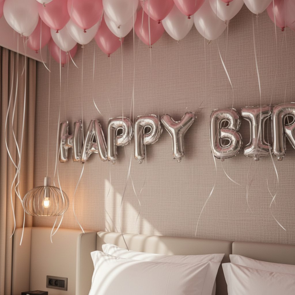 pink and white helium balloon ceiling decoration with ribbons birthday setup Dubai