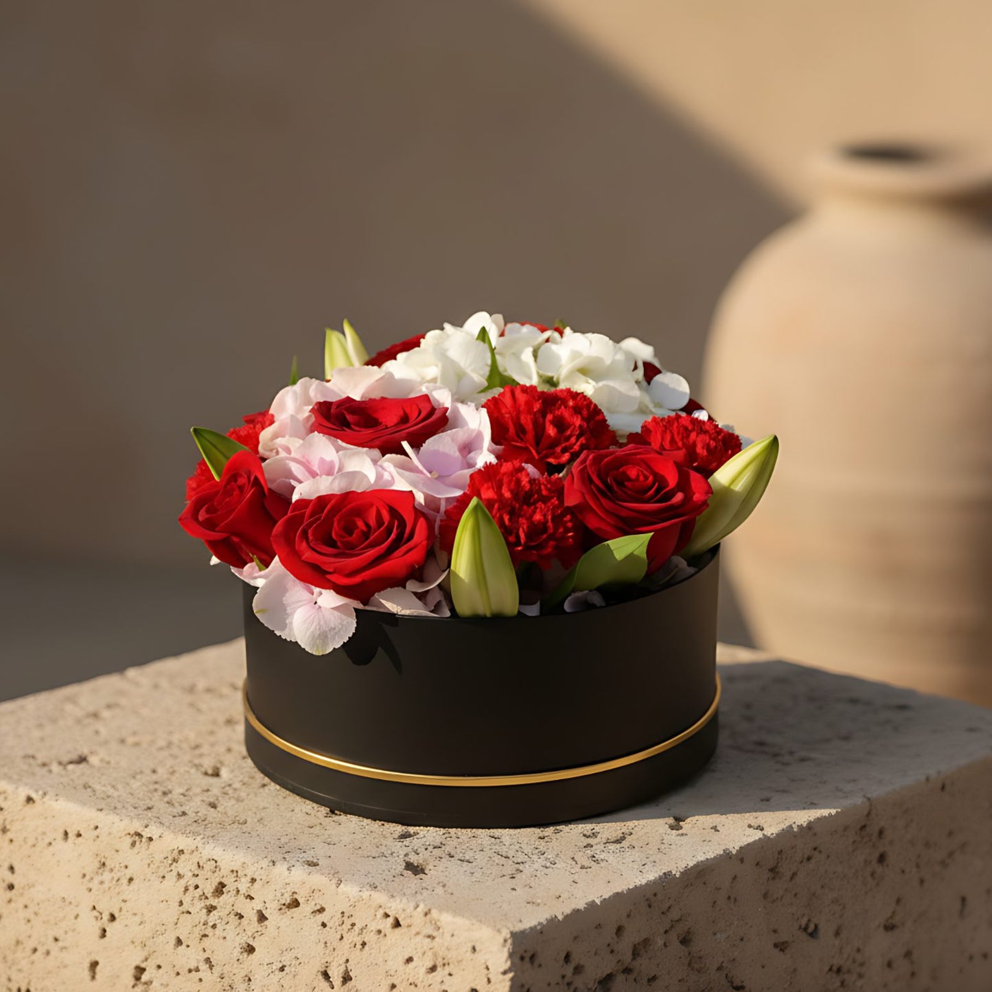 Black box floral arrangement with red roses, red carnations, white and pink hydrangea, and white lilies