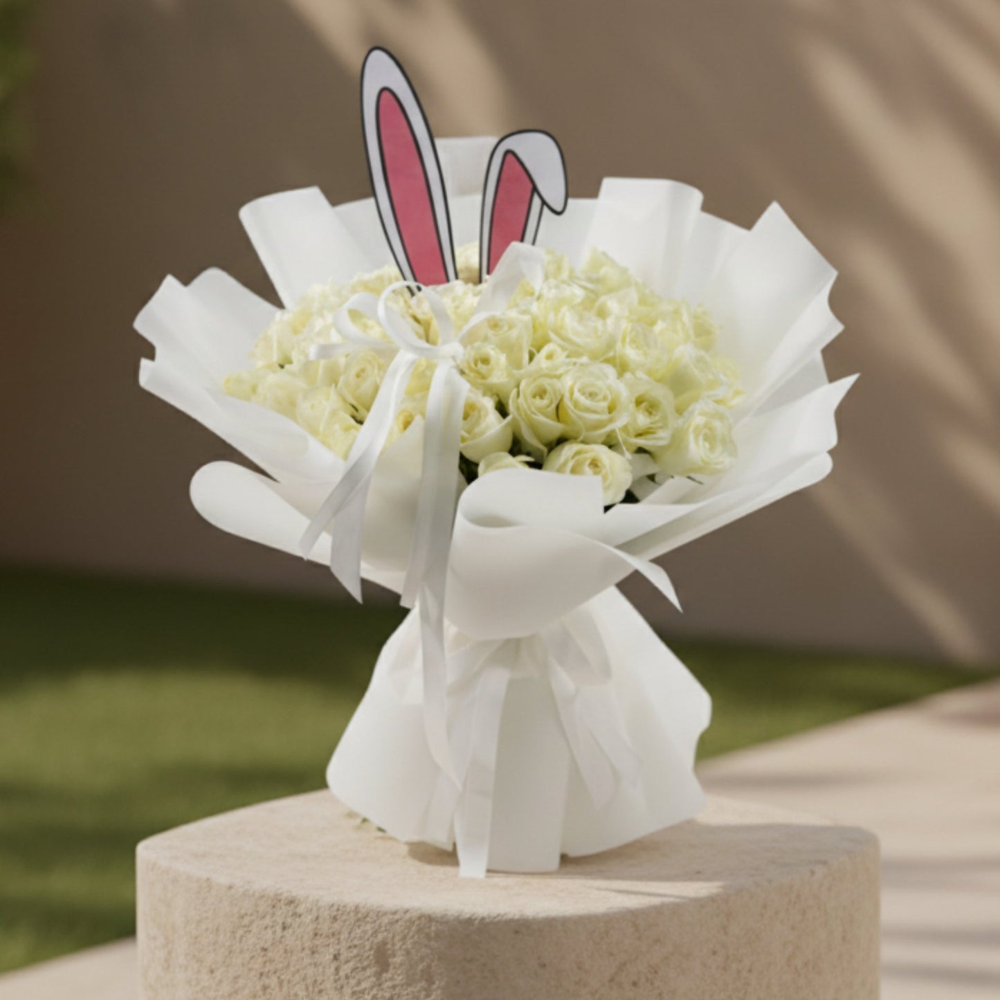 Bunny’s Blessing bouquet with 55 white roses and decorative bunny ears wrapped in elegant white paper.