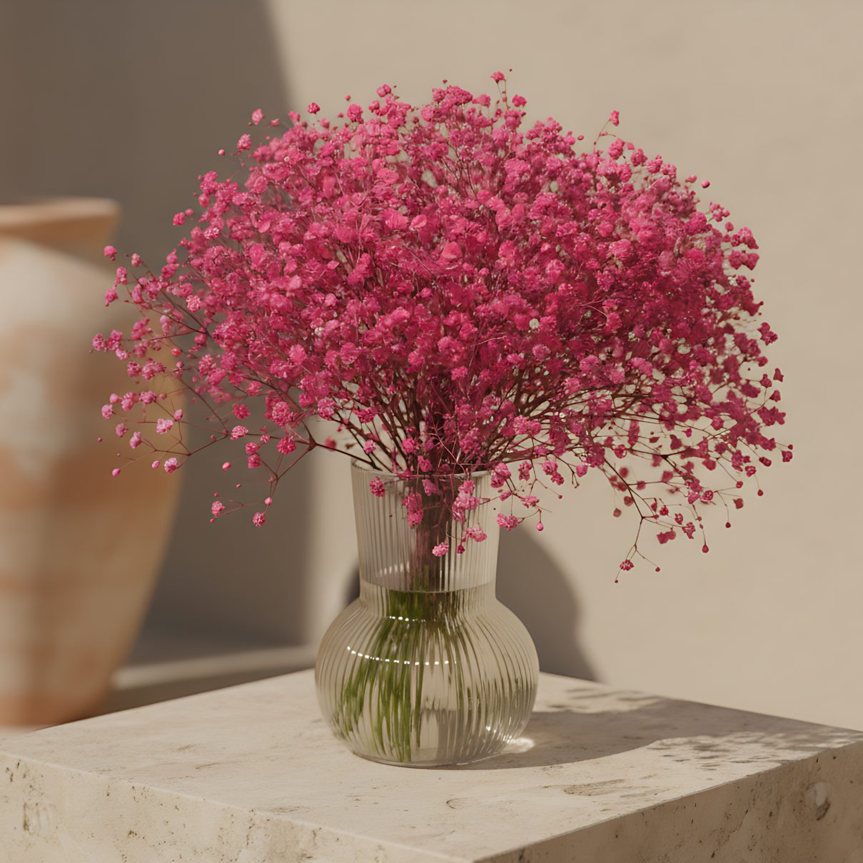 Clear glass vase arrangement with soft pink gypsophila