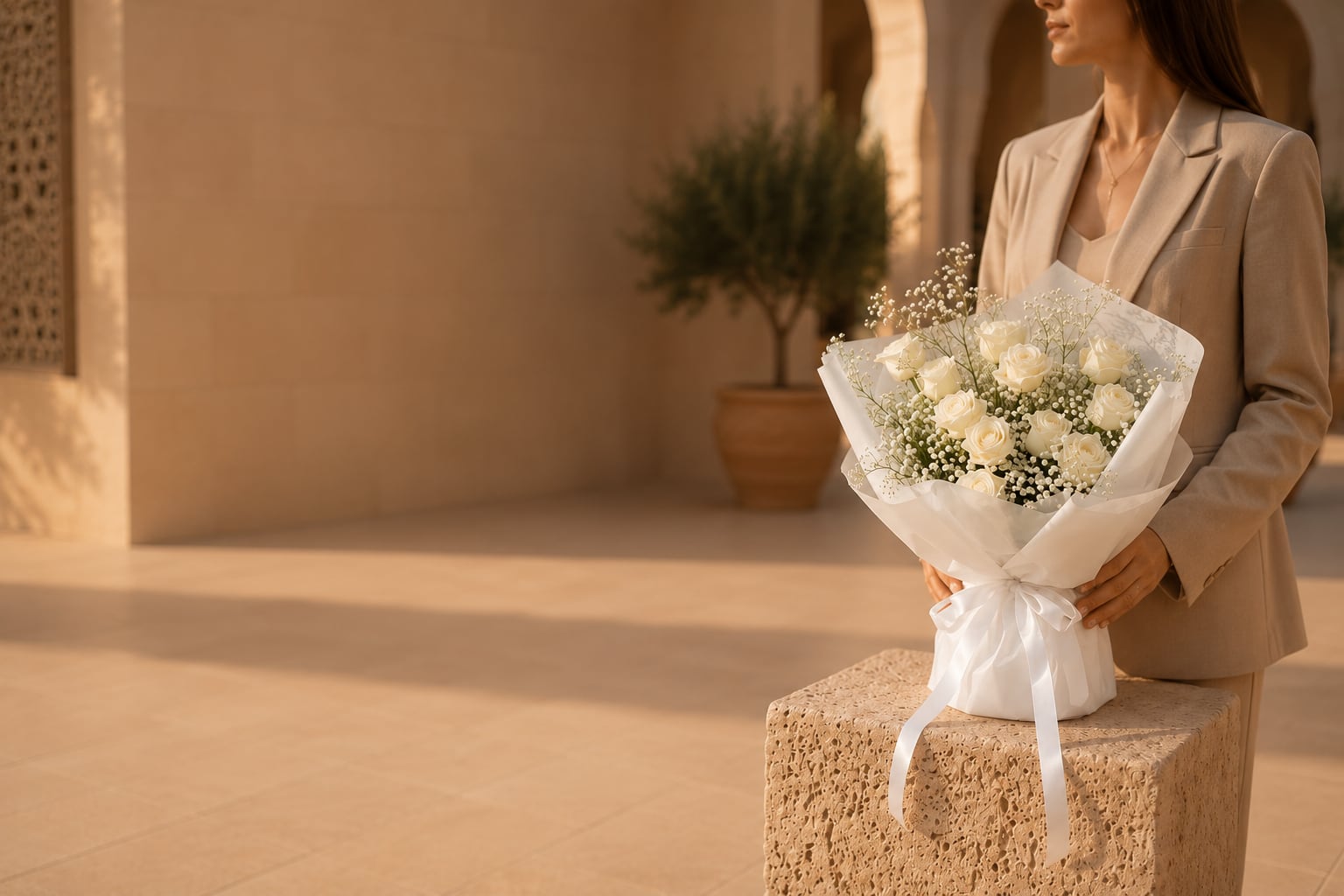 Woman in a beige suit holding an elegant white rose sympathy bouquet — Condolence Flowers by Aiwa Flowers Dubai