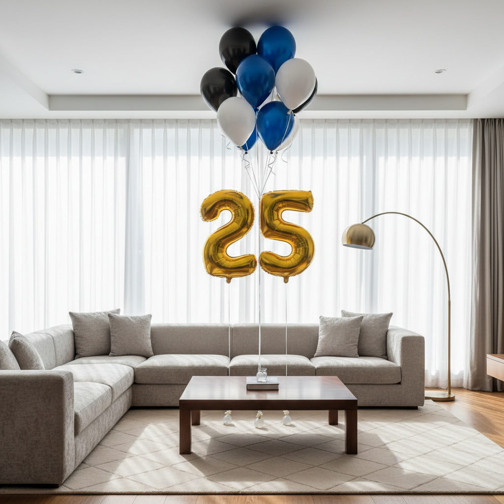 custom number balloon with 10 helium balloons in black royal blue and white modern celebration setup Dubai