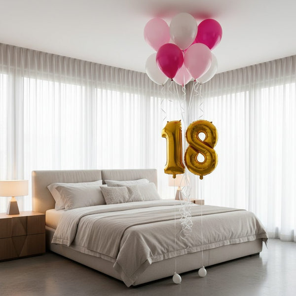 custom number balloon with pink white and hot pink helium balloons bedroom celebration Dubai
