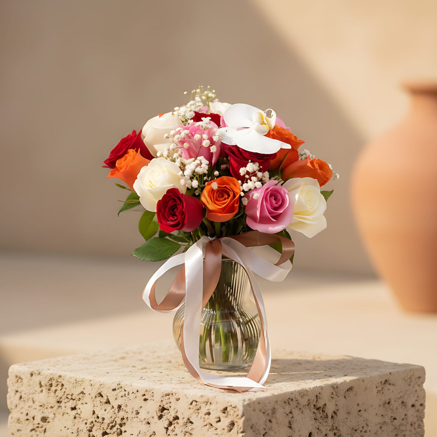 Clear glass vase arrangement with red, pink, and orange roses, gypsophila, and a white orchid