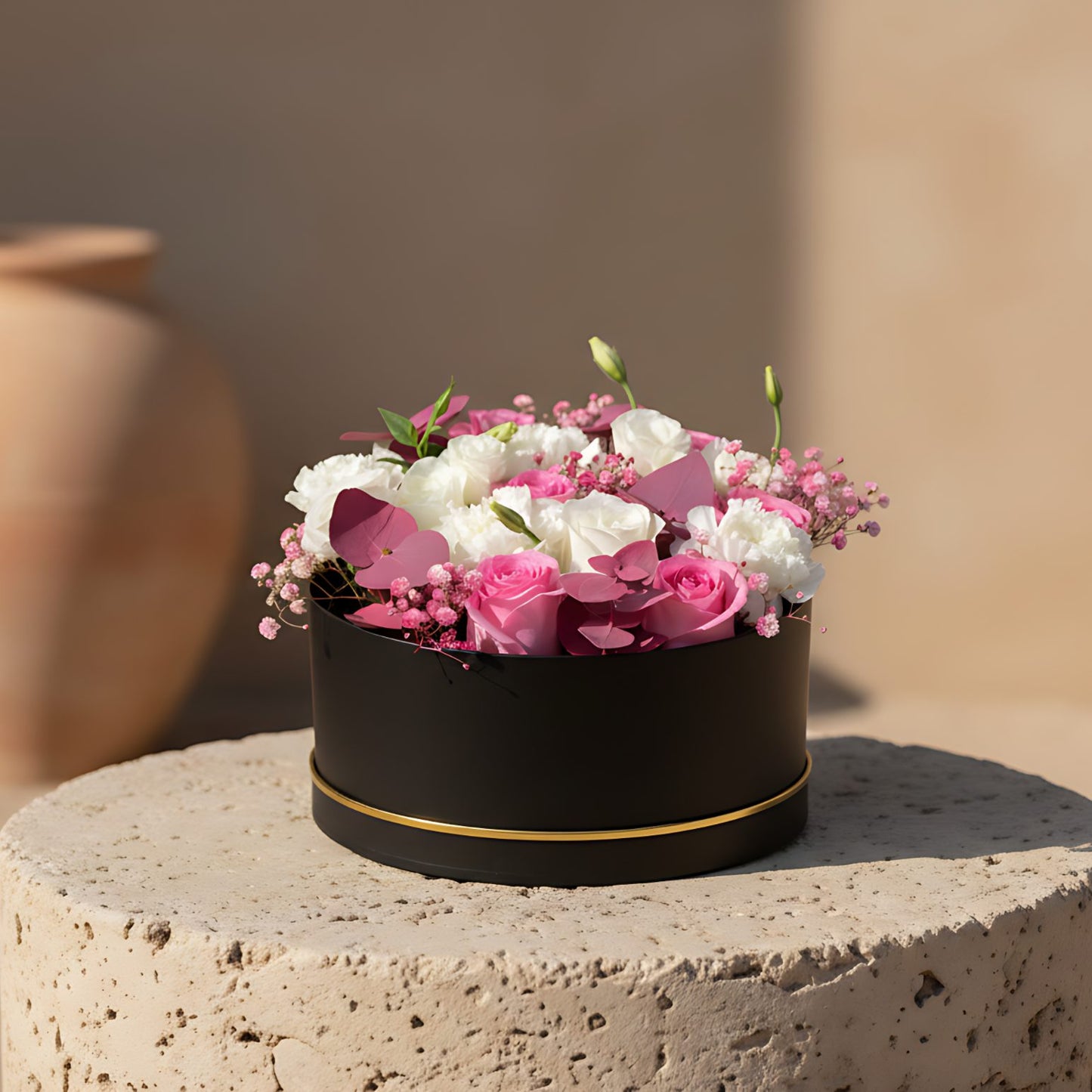 Black box floral arrangement with pink and white roses, white carnations, lisianthus, and pink accents