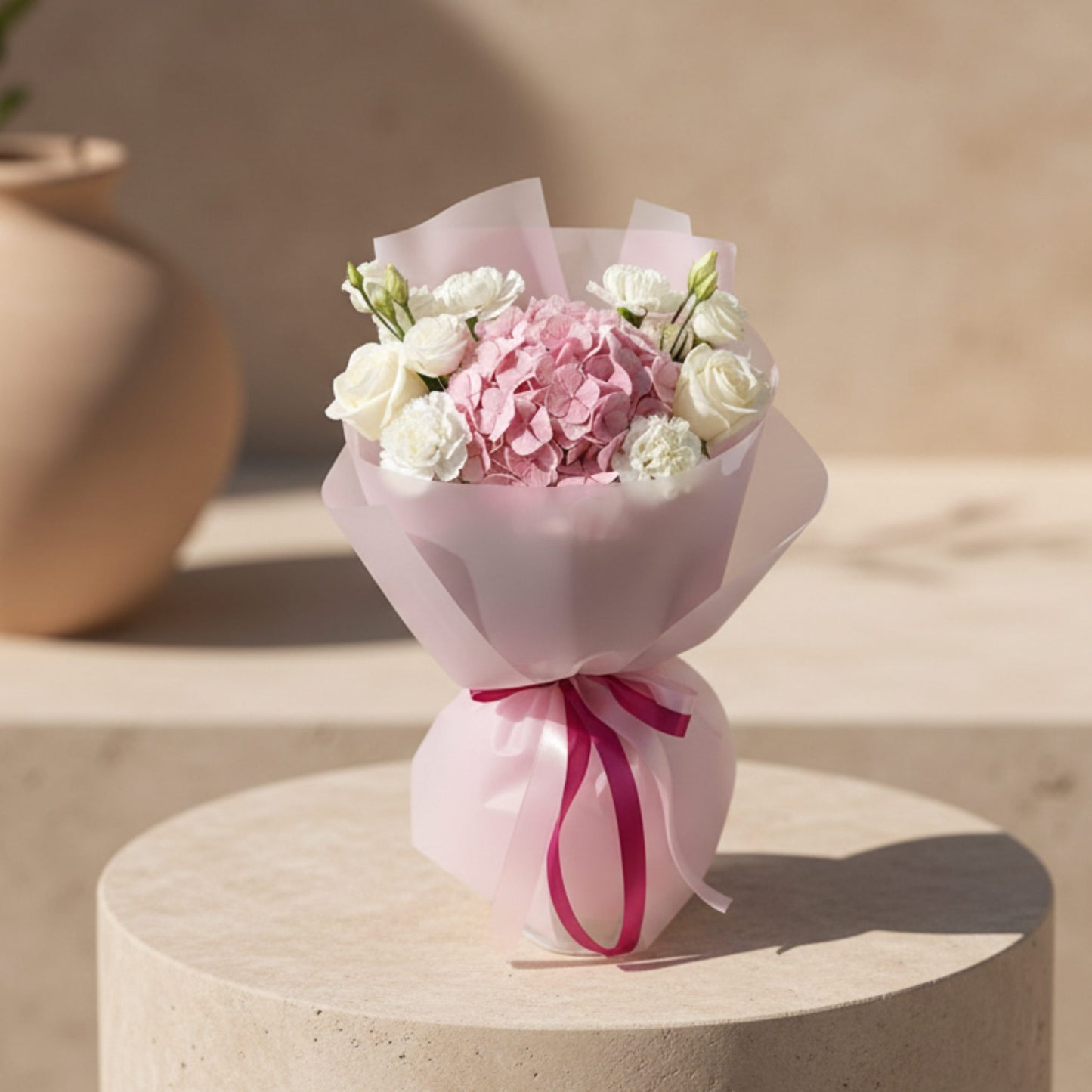 Deva bouquet with pink hydrangea, white roses, and white flowers wrapped in soft pink paper.