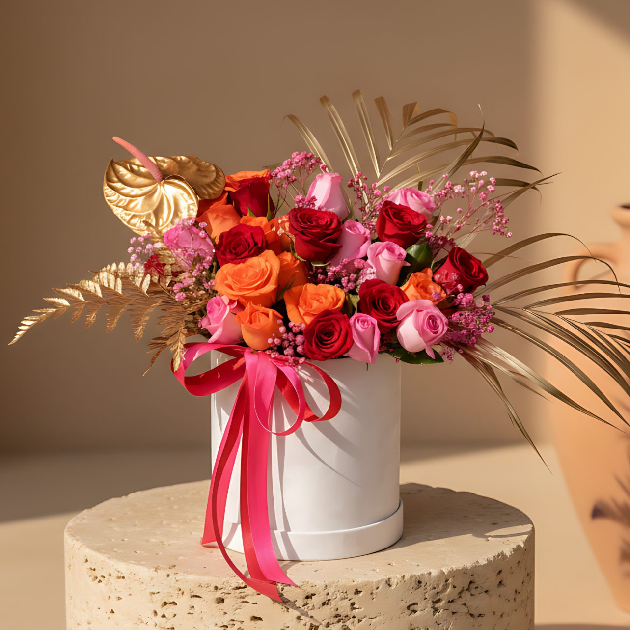 White velvet box arrangement with red, pink and orange roses, pink gypsophila, and gold accents