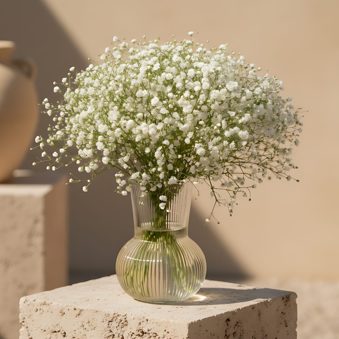 Clear glass vase arrangement with delicate white gypsophila