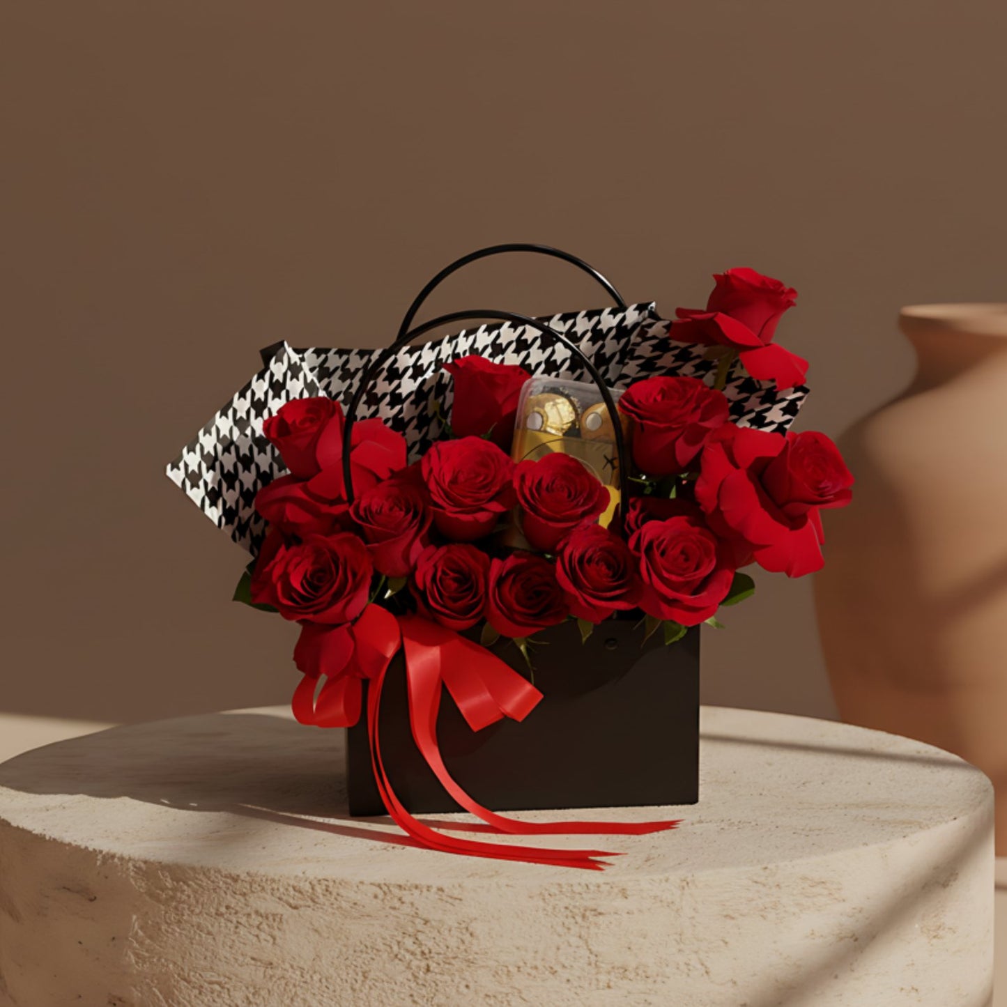 Red roses with Ferrero Rocher chocolates arranged in a luxury bag-style flower box.