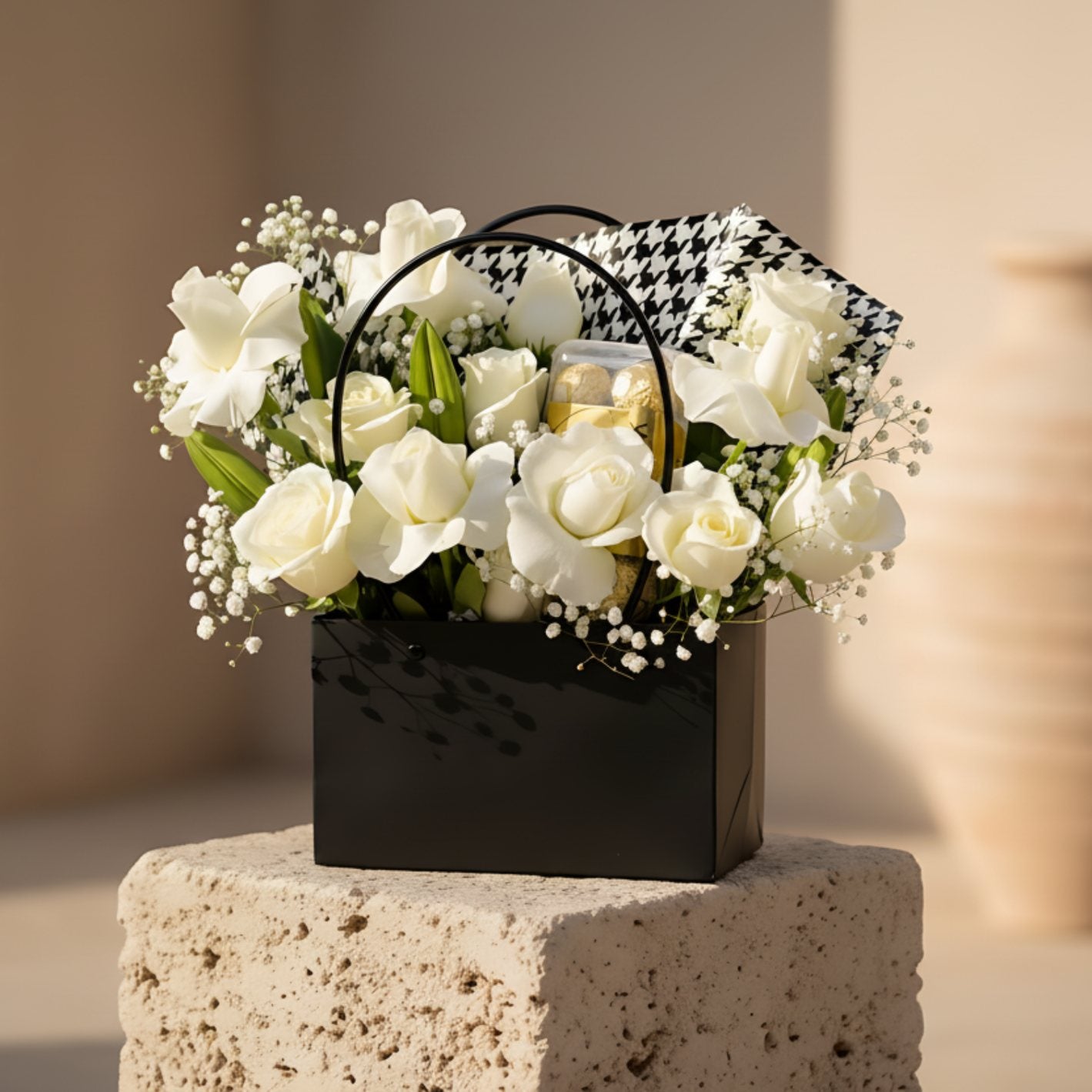 White roses and lilies with Ferrero Rocher chocolates arranged in a black bag-style flower box.