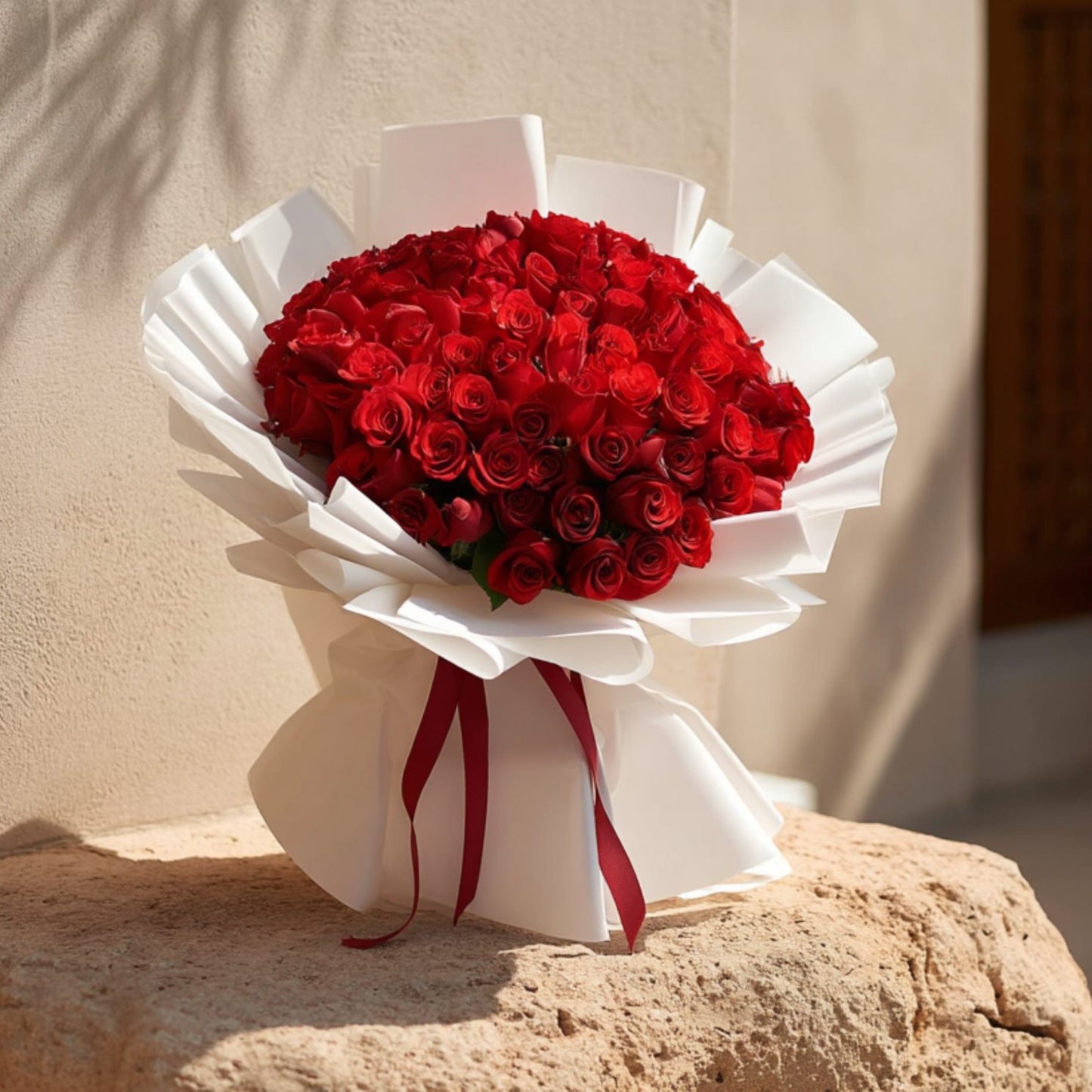 Hand-tied bouquet of 101 red roses in elegant white wrapping by Aiwa Flowers Dubai

