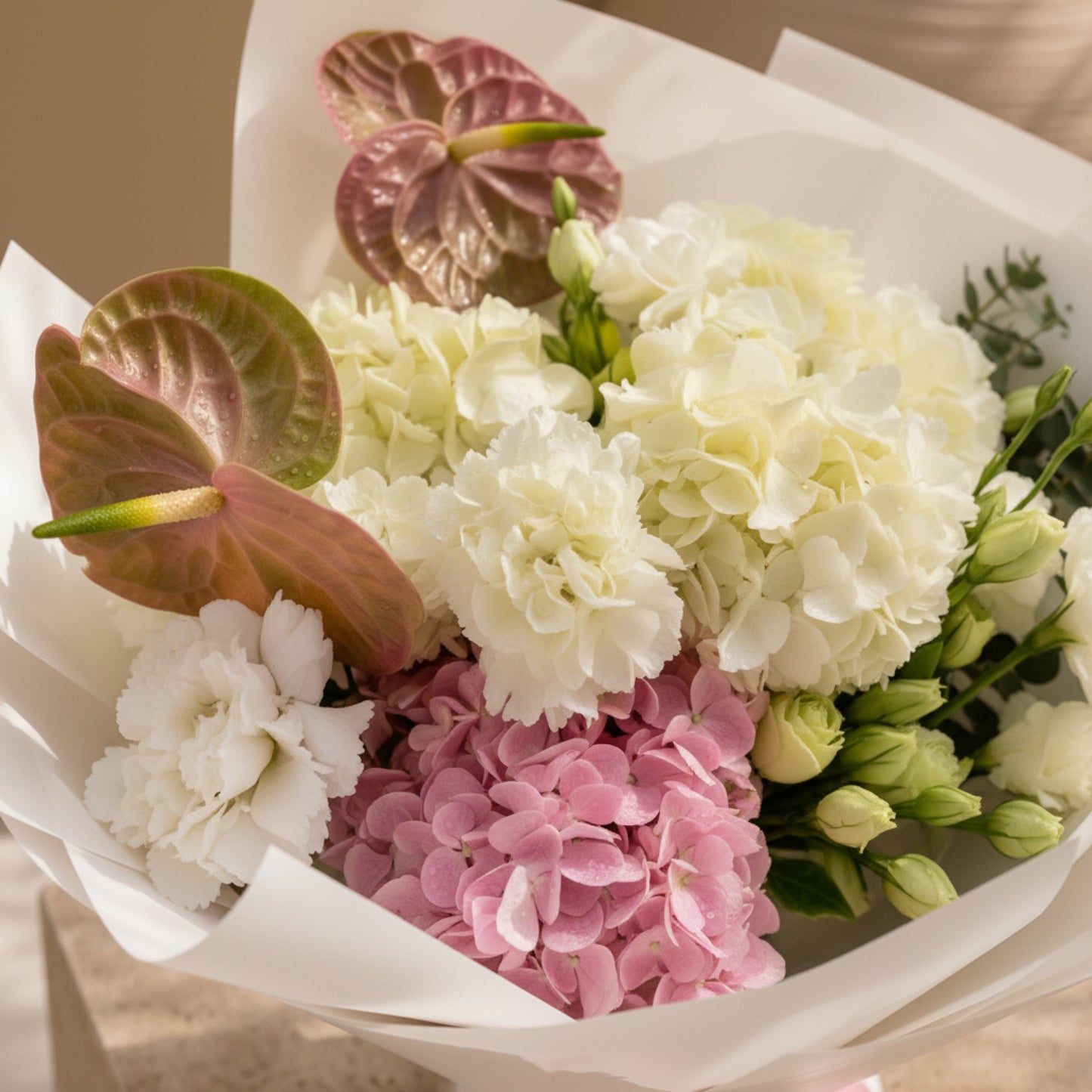 Aiwa Flowers Anthurium Harmony bouquet — side angle view | luxury flower delivery Dubai