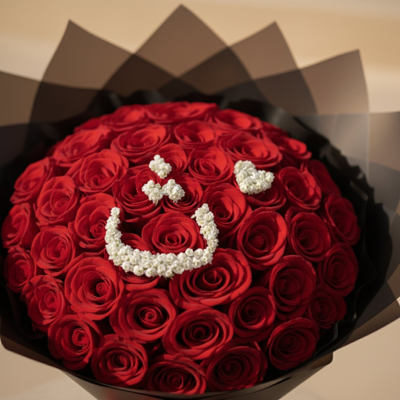 Personalized Arabic initial red rose dome bouquet with elegant black wrapping