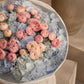 Close-up of blue hydrangea petals and blush spray roses in Azure Bloom by Aiwa Flowers Dubai