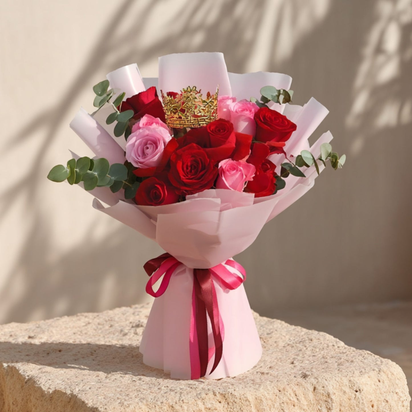 Hand-tied bouquet of red and pink roses with eucalyptus and a crown accessory in soft pink wrapping by Aiwa Flowers Dubai
