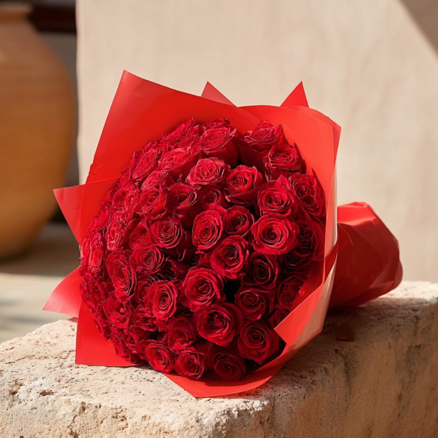 Hand-tied bouquet of 55 red roses in elegant red wrapping by Aiwa Flowers Dubai
