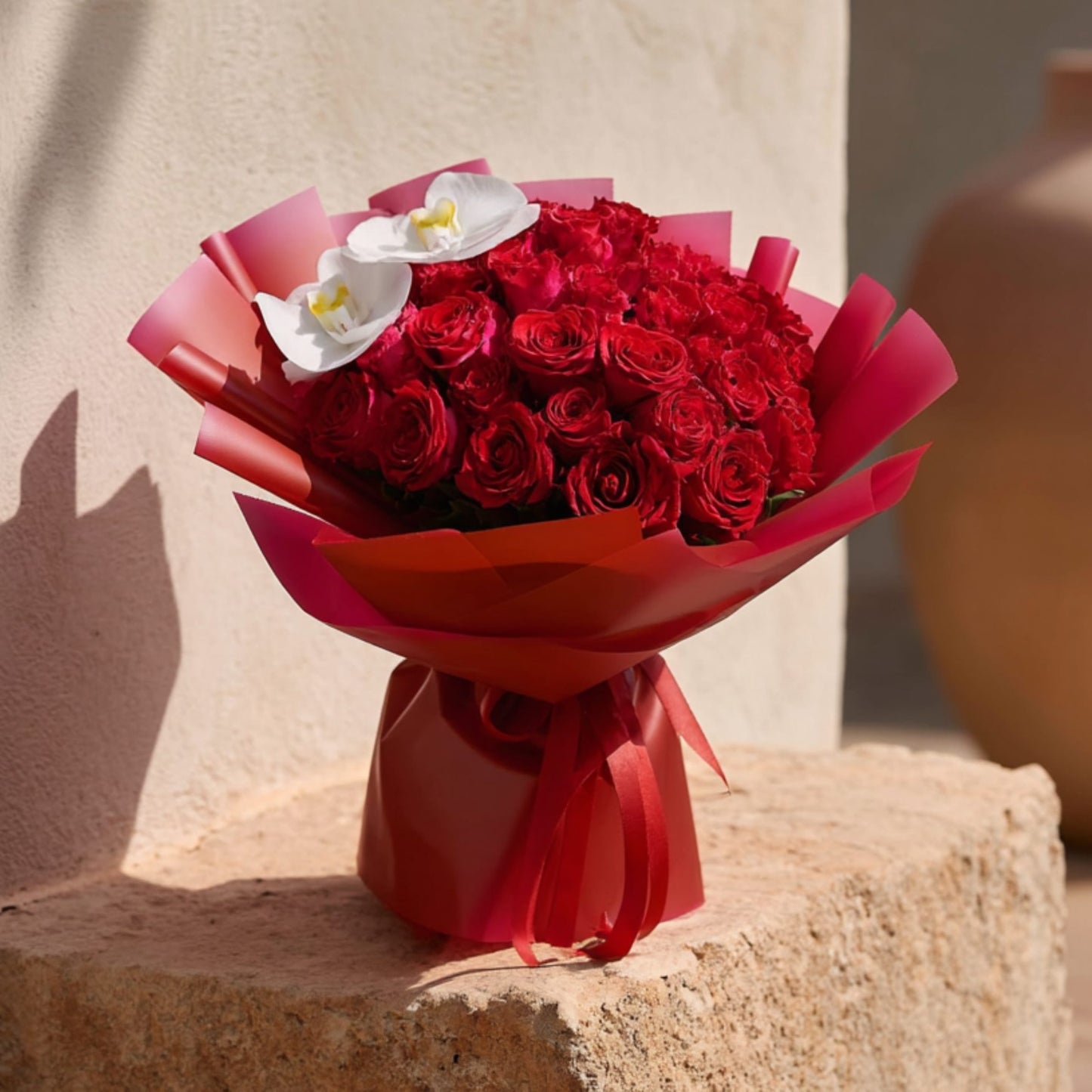 Hand-tied bouquet of 35 red roses with orchid stems in elegant red wrapping by Aiwa Flowers Dubai
