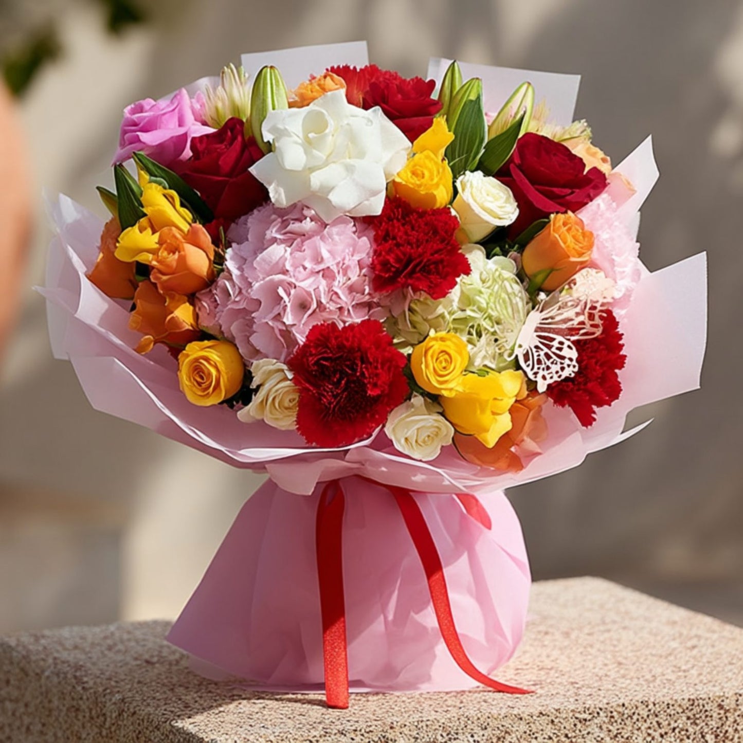Hand-tied bouquet of mixed color roses with hydrangeas, lilies, red carnations, and a butterfly accent in soft pink wrapping by Aiwa Flowers Dubai
