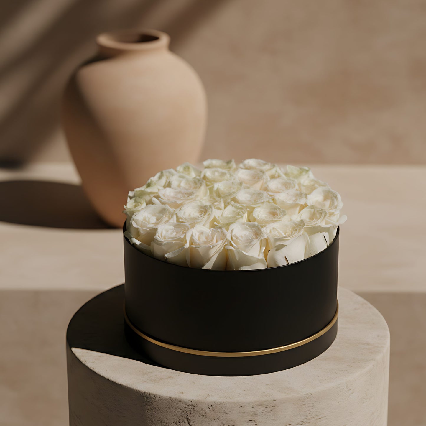 Blacky black box arrangement with fresh white roses by Aiwa Flowers Dubai
