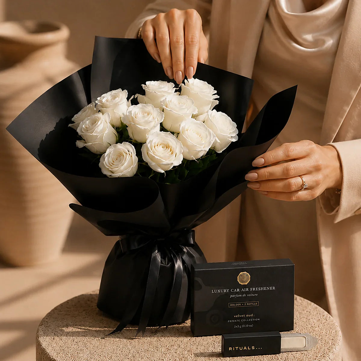 Blanc Oudh gift set by Aiwa Flowers — pairing view, luxury flowers and partner brand pairing for same-day delivery in Dubai UAE