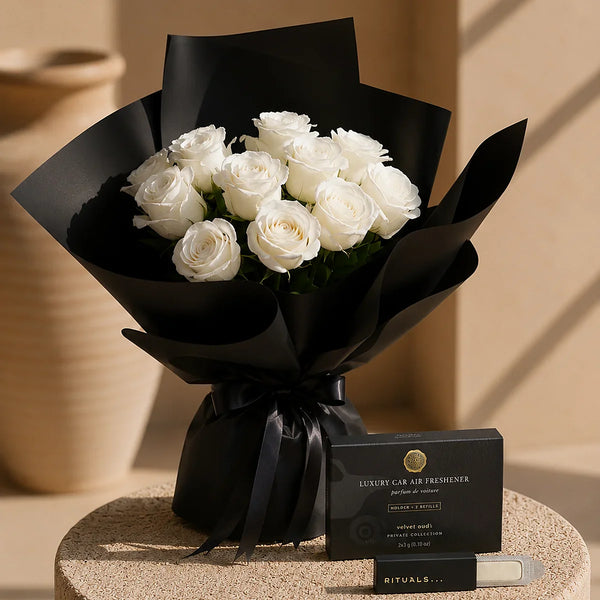 Blanc Oudh gift set by Aiwa Flowers — roses view, luxury flowers and partner brand pairing for same-day delivery in Dubai UAE