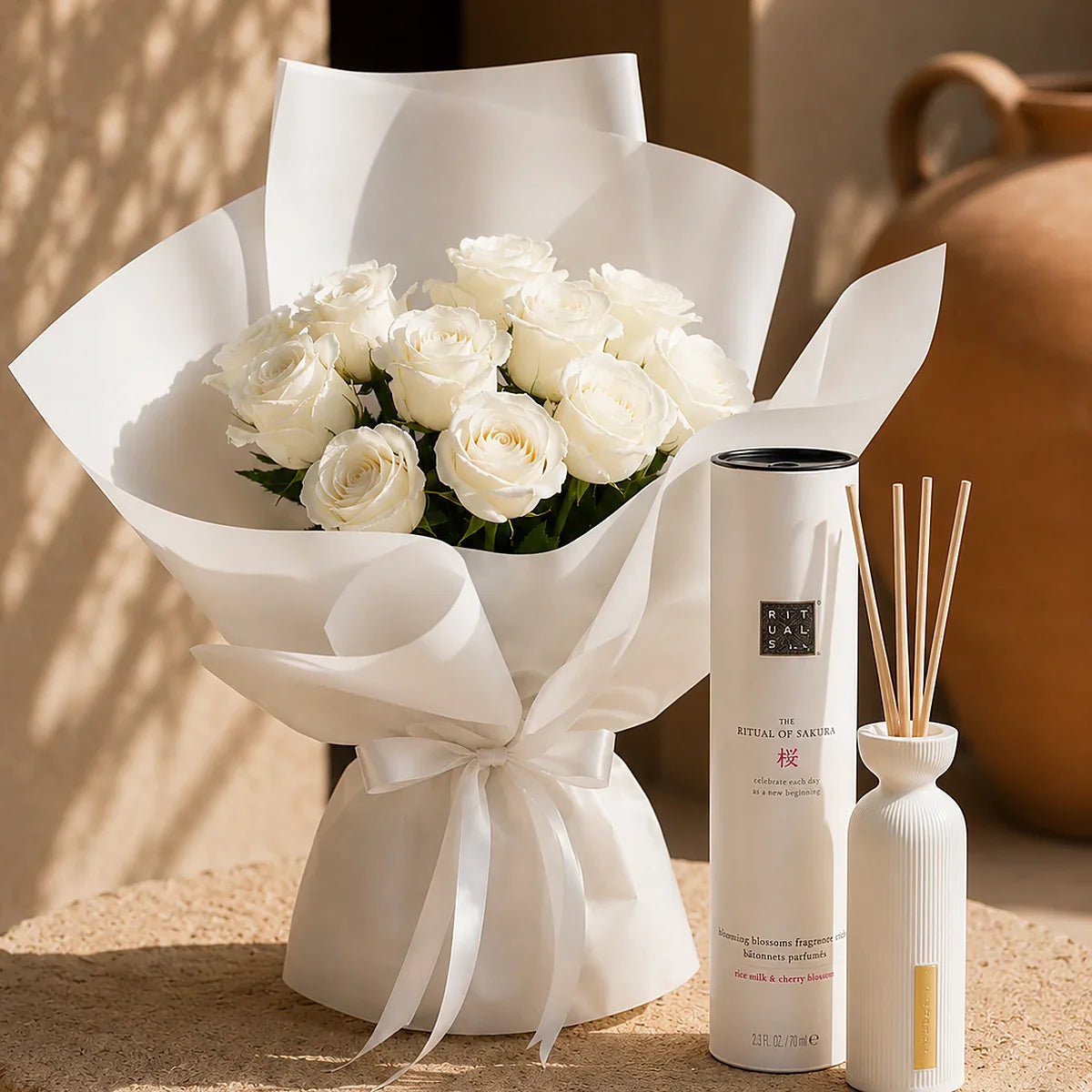 Blanc Sakura gift set by Aiwa Flowers — pairing view, luxury flowers and partner brand pairing for same-day delivery in Dubai UAE