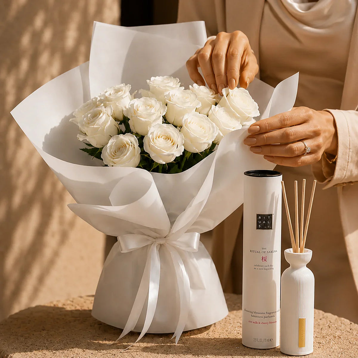 Blanc Sakura gift set by Aiwa Flowers — roses view, luxury flowers and partner brand pairing for same-day delivery in Dubai UAE