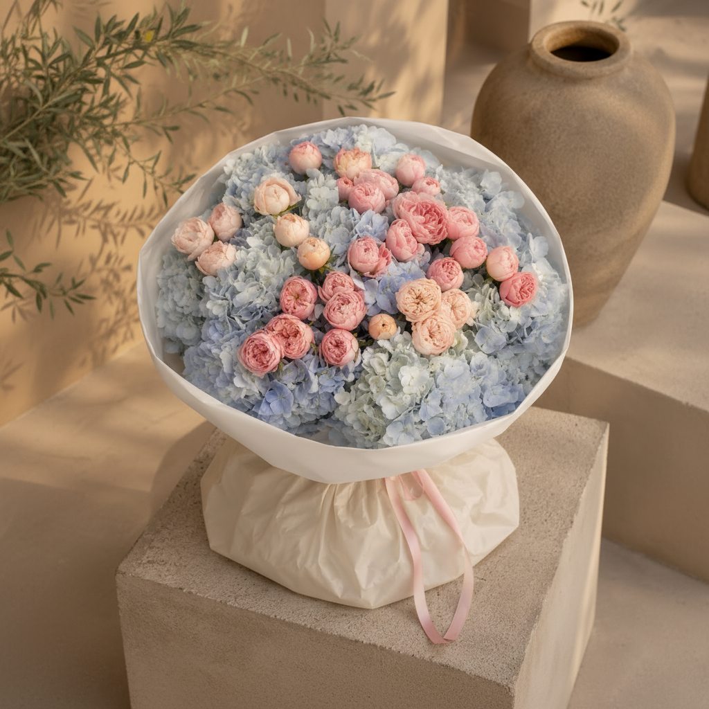 Premium blue hydrangea bouquet with blush pink garden roses in white wrapping, luxury flower delivery in Dubai.