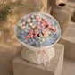 Premium blue hydrangea bouquet with blush pink garden roses in white wrapping, luxury flower delivery in Dubai.