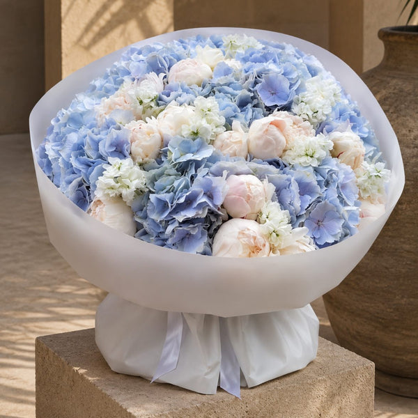 Luxury bouquet of blue hydrangea and peony by Aiwa Flowers Dubai