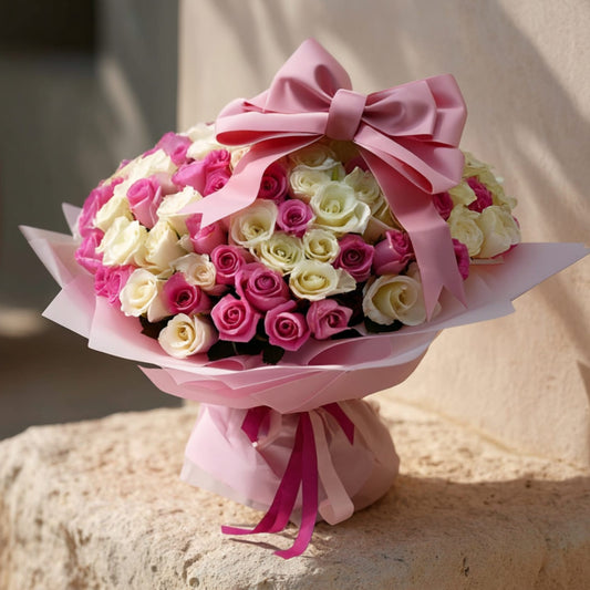 Hand-tied bouquet of 201 pink and white roses with a giant pink bow in soft pink wrapping by Aiwa Flowers Dubai
