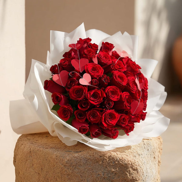 Hand-tied bouquet of 75 red roses with red heart accents in elegant white wrapping by Aiwa Flowers Dubai
