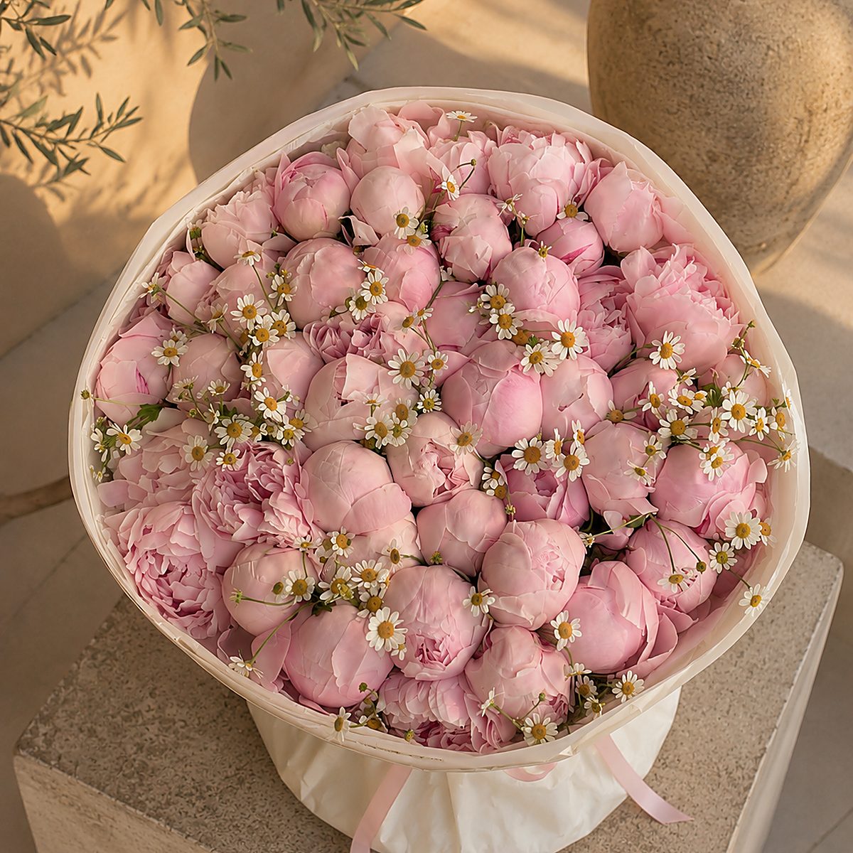 Top-down view of Blush Garden hand-tied bouquet by Aiwa Flowers Dubai