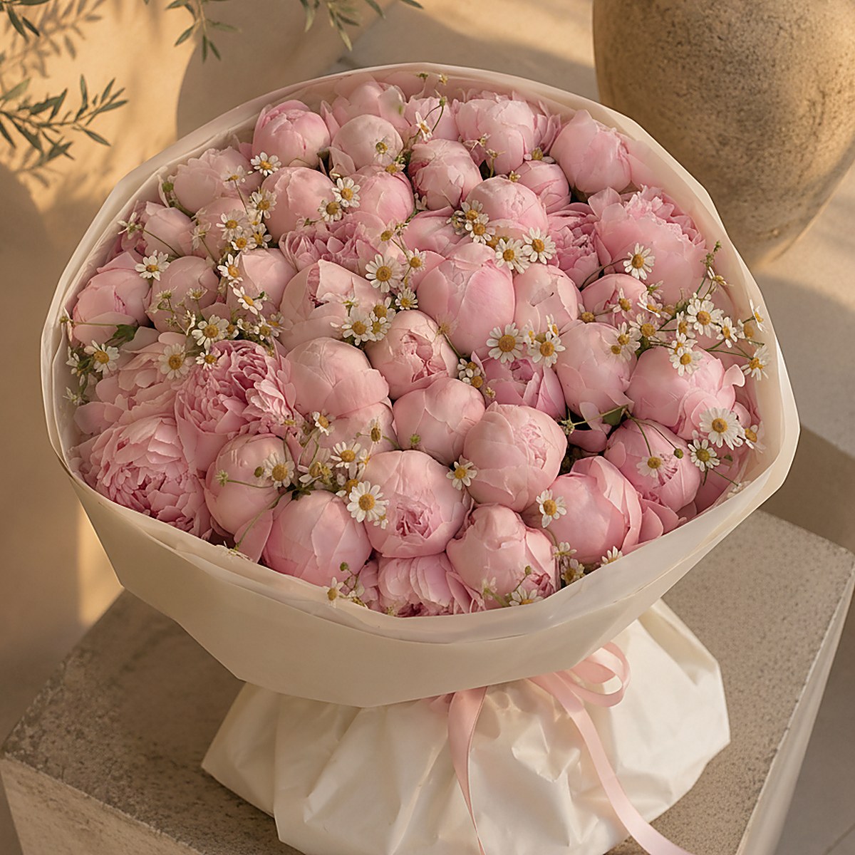 Lifestyle shot of Blush Garden romantic luxury bouquet by Aiwa Flowers Dubai