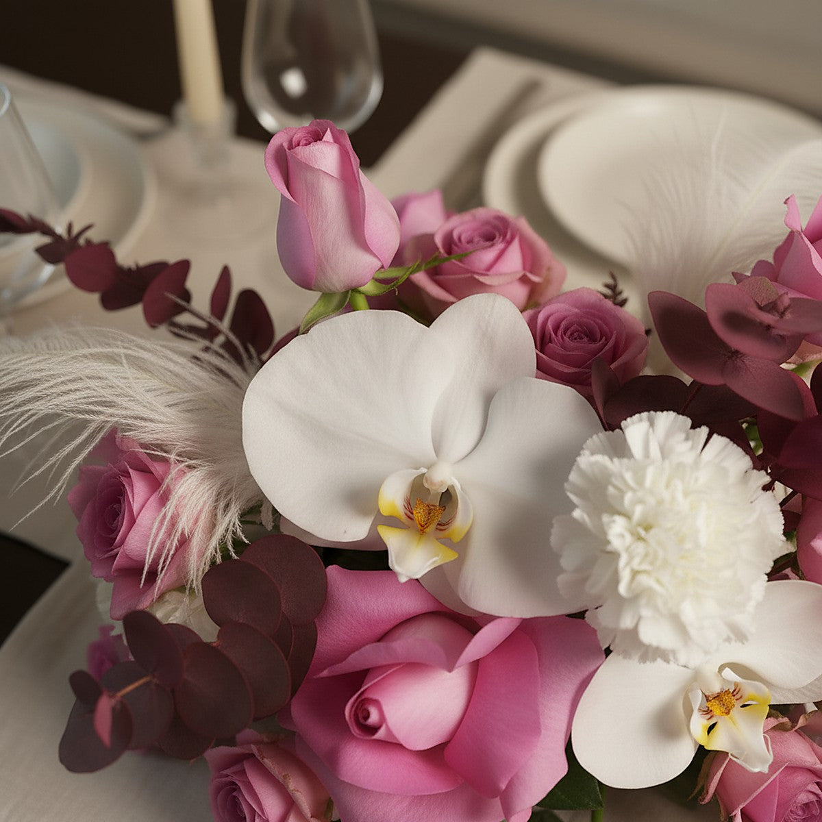 Blush Orchid Rose Centerpiece — front view — Aiwa Flowers, Dubai UAE