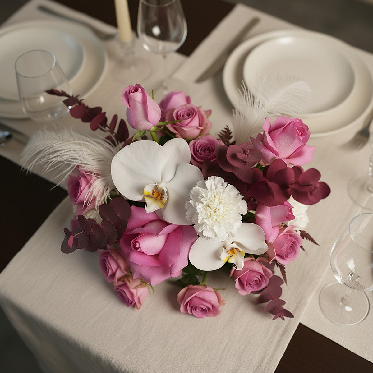 Blush Orchid Rose Centerpiece — styled event setting — Aiwa Flowers, Dubai UAE