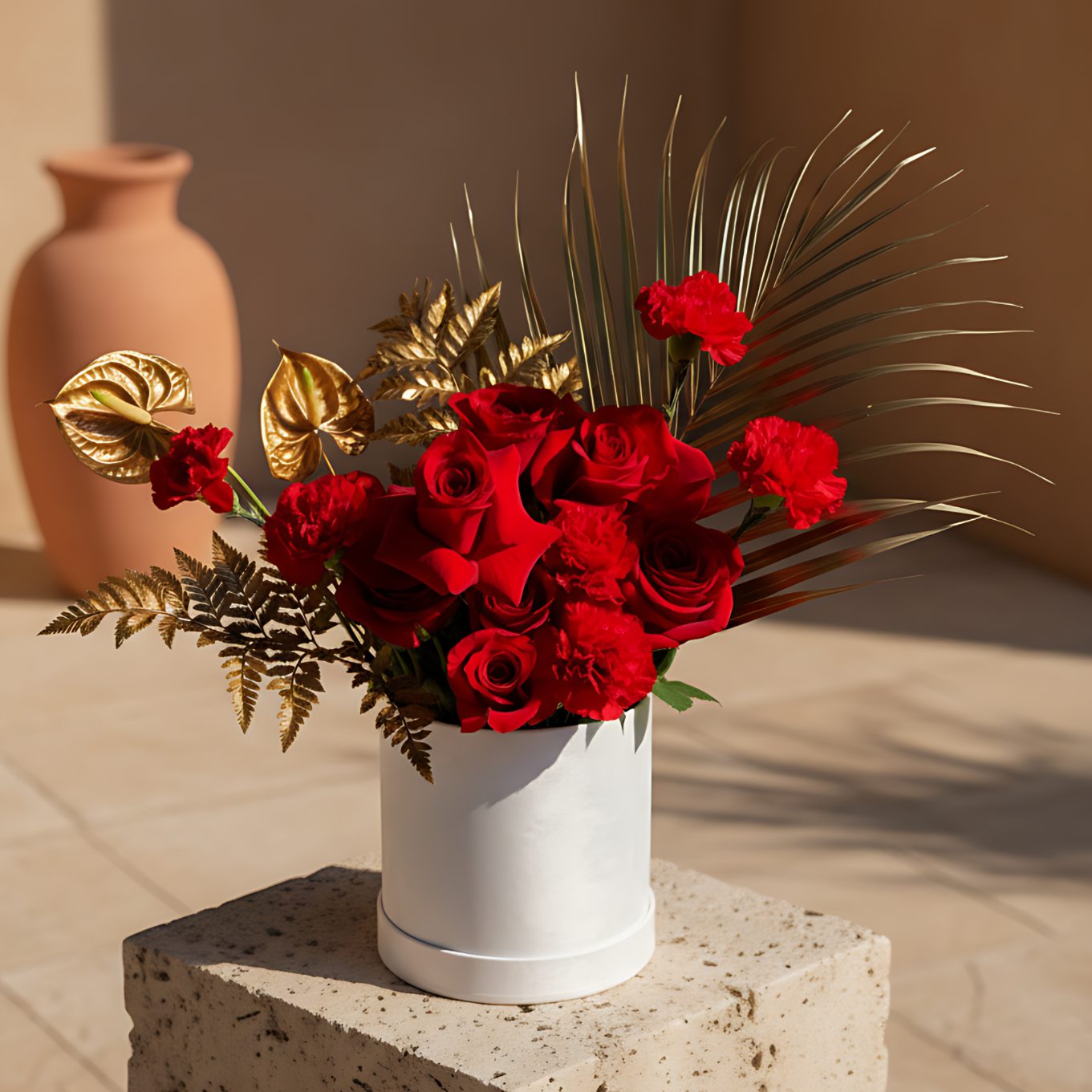 Caesar white velvet box arrangement with red roses, carnations, anthuriums, and foliage by Aiwa Flowers Dubai