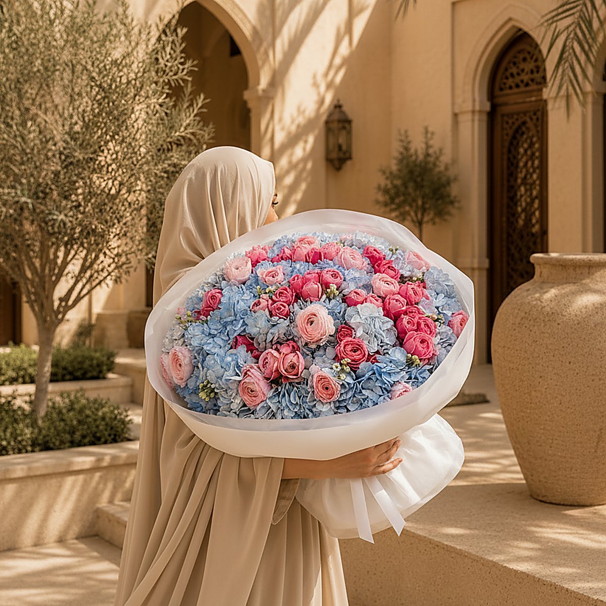 Side angle of Celestia layered bouquet showing soft pink and blue palette by Aiwa Flowers Dubai