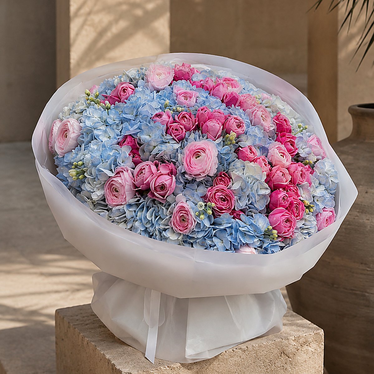 Top-down lifestyle shot of Celestia luxury bouquet by Aiwa Flowers Dubai