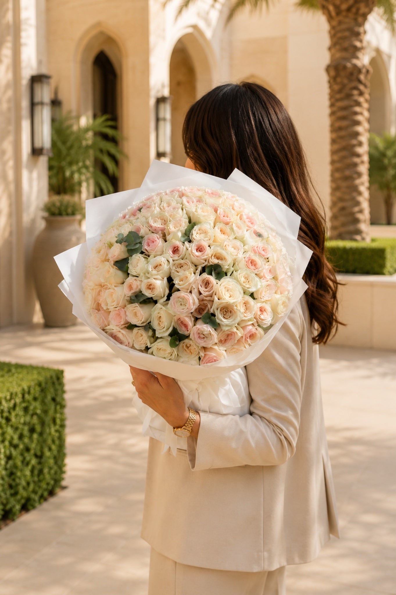 Aiwa Flowers Champagne Symphony bouquet — top view view | luxury flower delivery Dubai