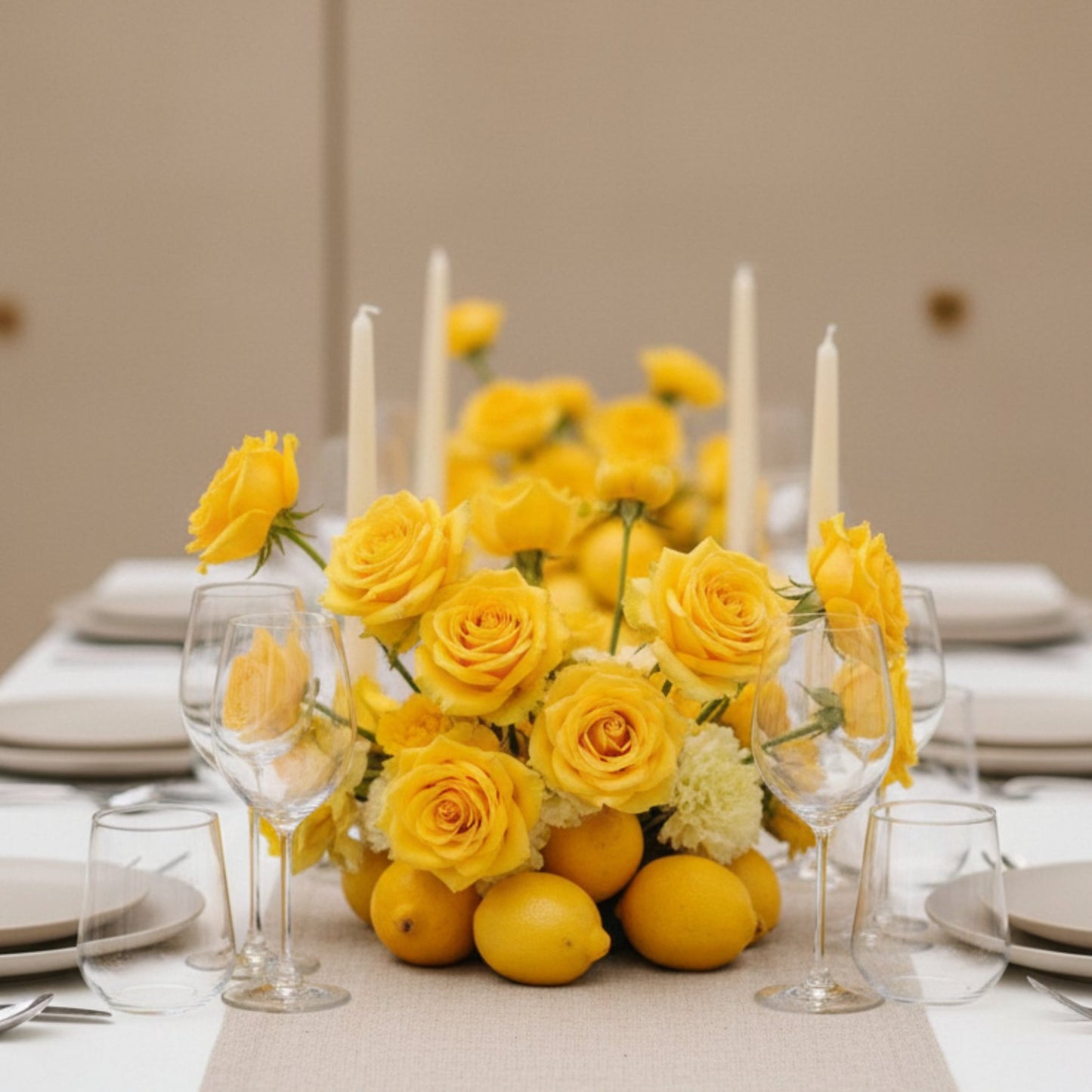 1 meter yellow rose centerpiece with citrus accents arranged along a dining table setting.
