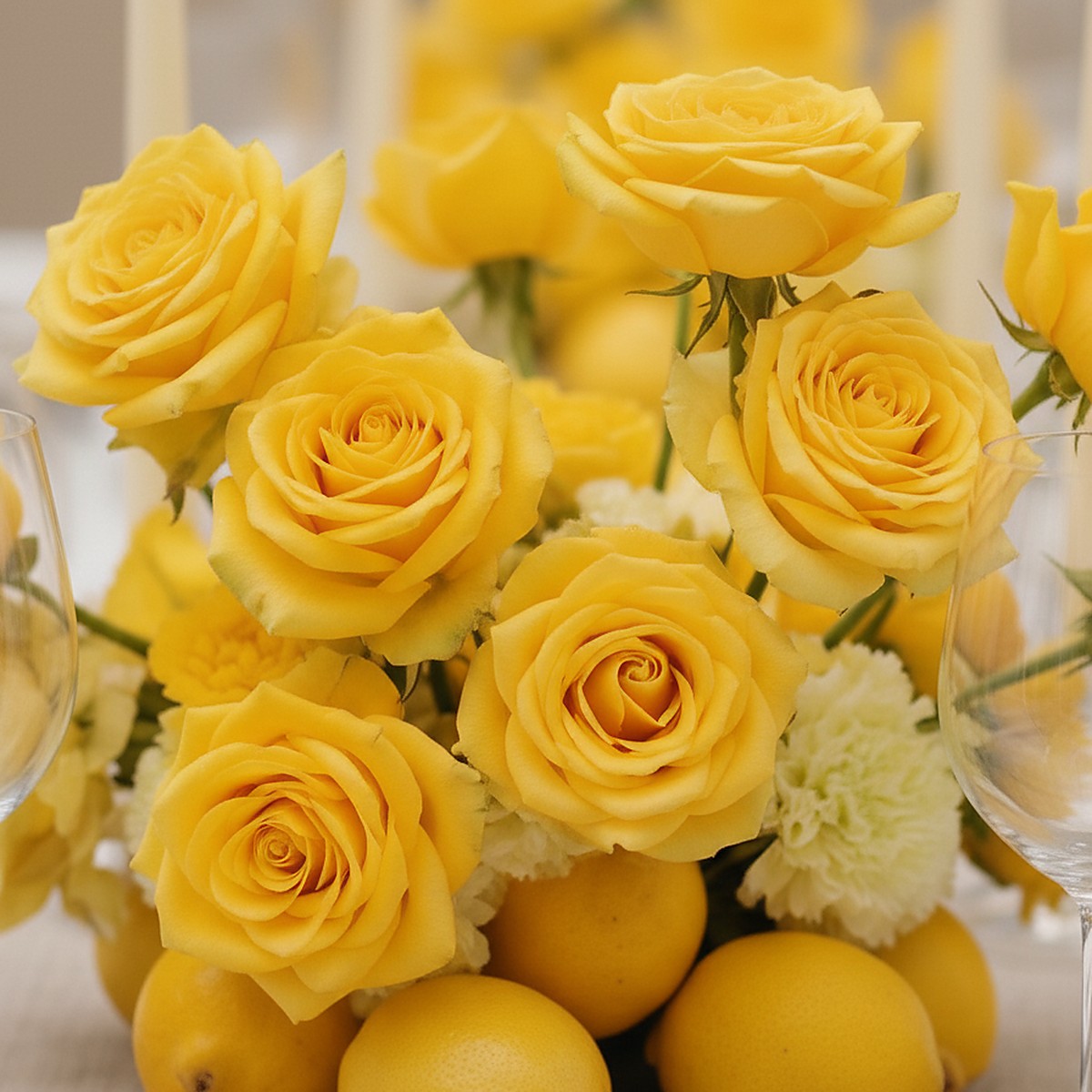 Citrus Rose Table Centerpiece — close-up floral detail — Aiwa Flowers, Dubai UAE