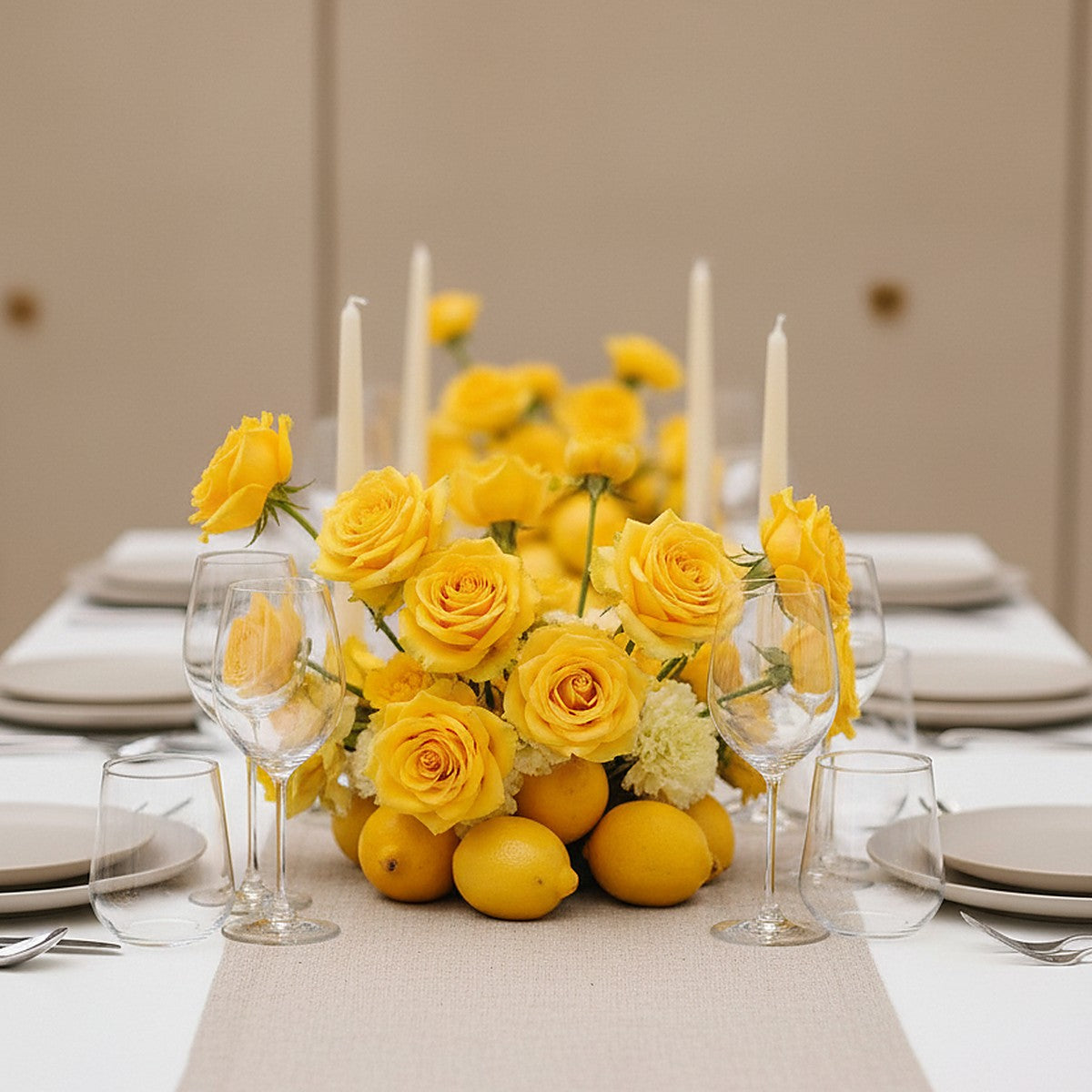 Citrus Rose Table Centerpiece — styled event setting — Aiwa Flowers, Dubai UAE