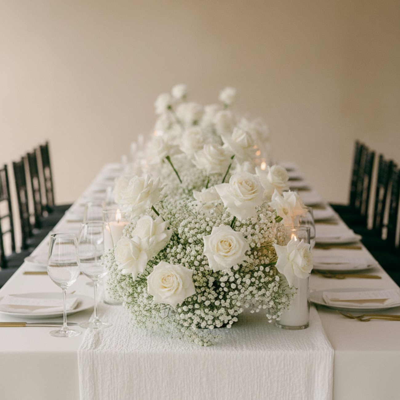 1 meter ivory rose and gypsophila elongated table centerpiece arranged on a formal dining table.