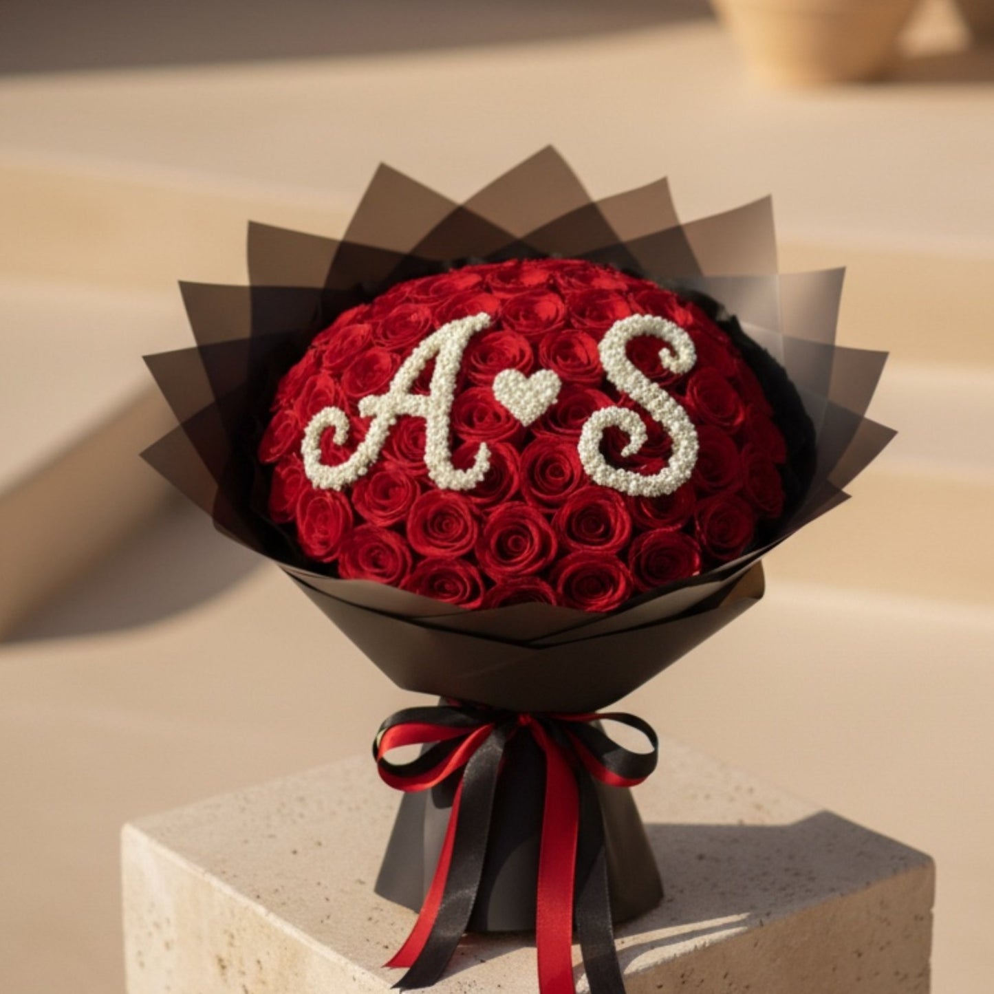 Luxury red rose bouquet with couple initials A and S made from white gypsophila
