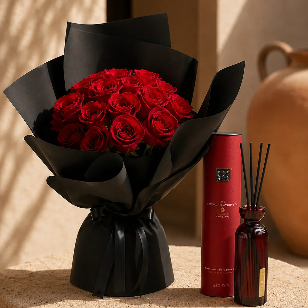 Crimson Ritual gift set by Aiwa Flowers — pairing view, luxury flowers and partner brand pairing for same-day delivery in Dubai UAE