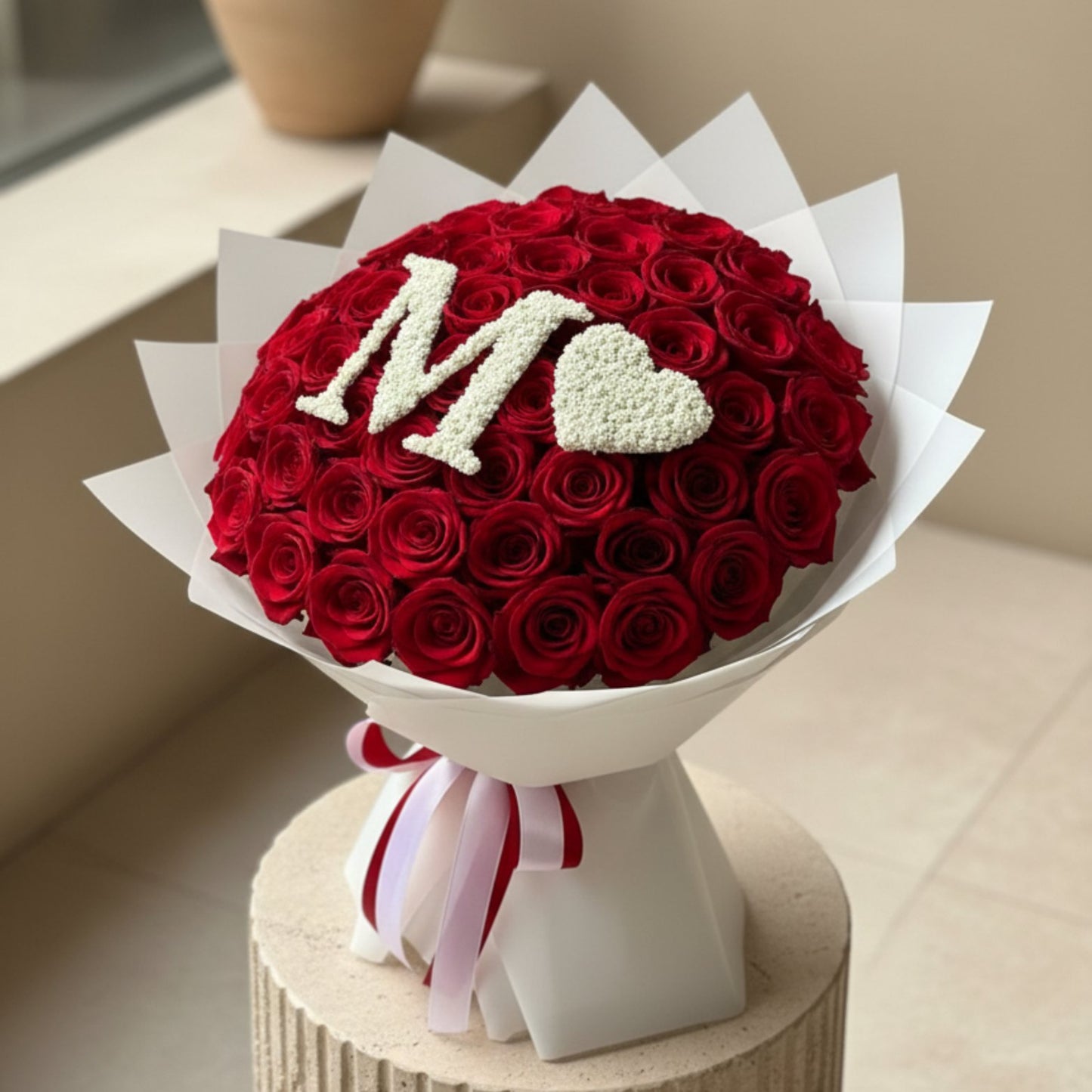 Personalized initial red rose dome bouquet with elegant white wrapping