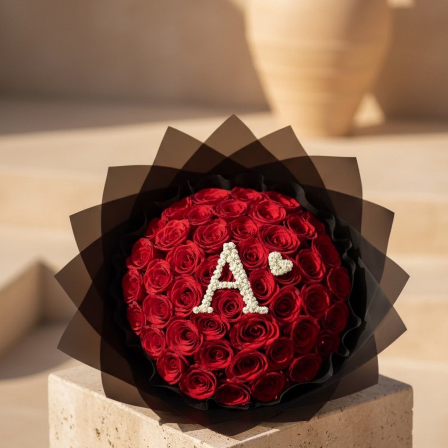 Premium red rose bouquet with personalized initial design and elegant black wrapping